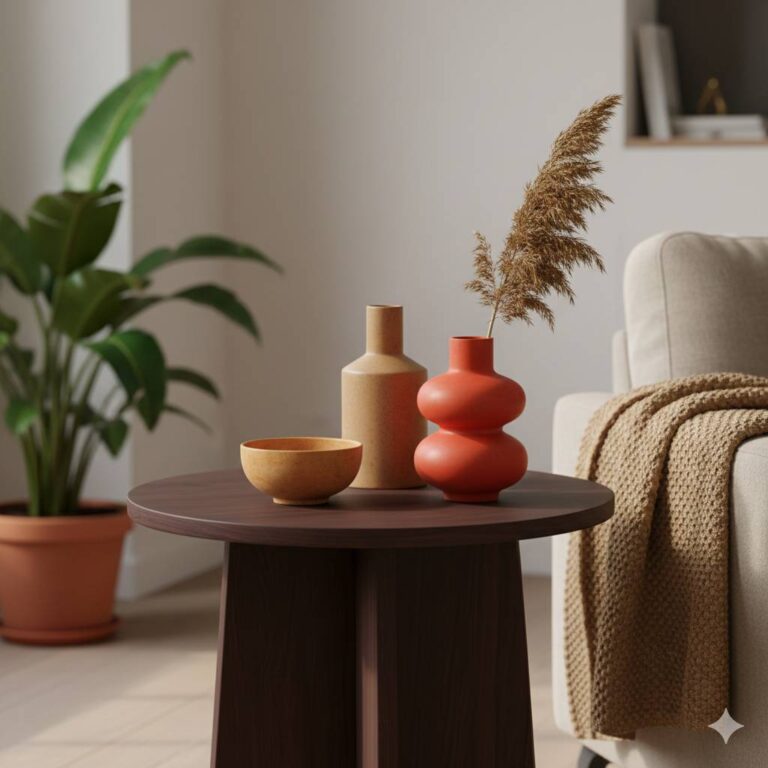 Bijzettafel met vazen in een warm interieur