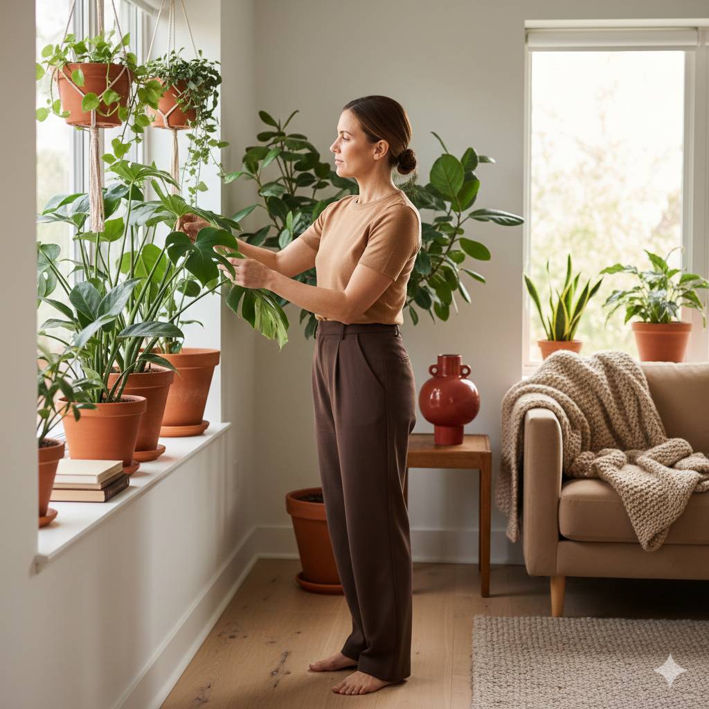 Een vrouw verzorgt een kamerplant in een zonnige woonkamer