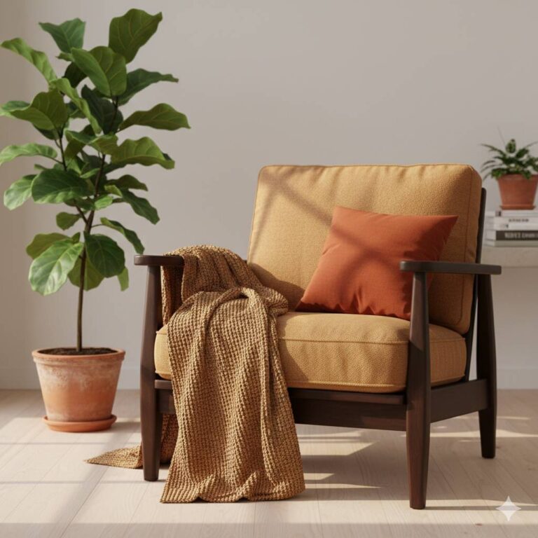 Fauteuil met kussen en plaid naast een kamerplant