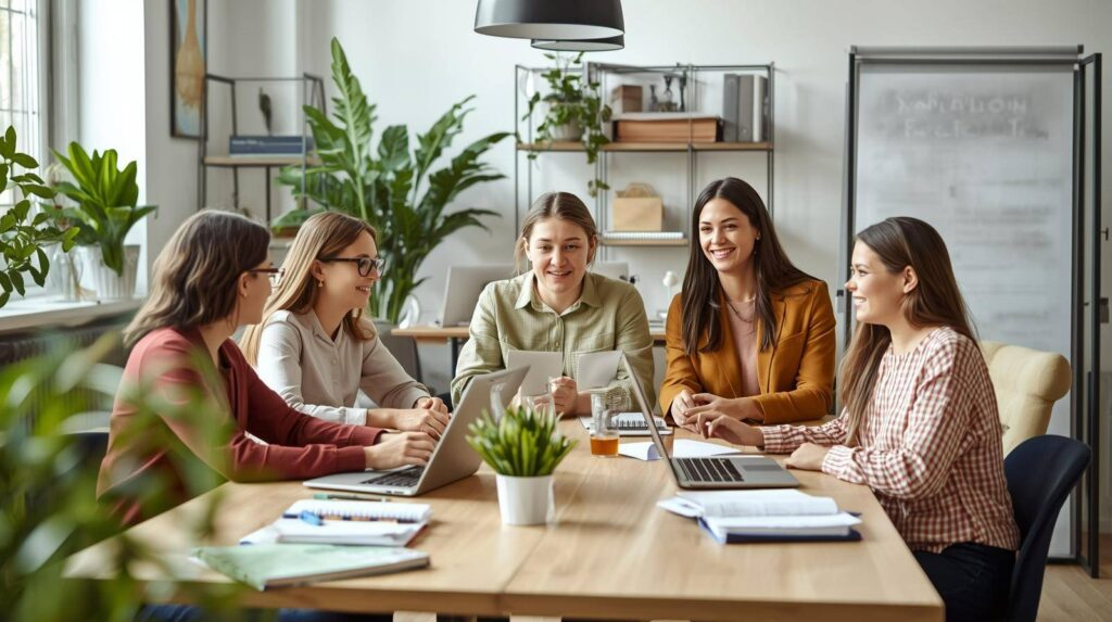 Groep mensen overlegt in een moderne werkruimte
