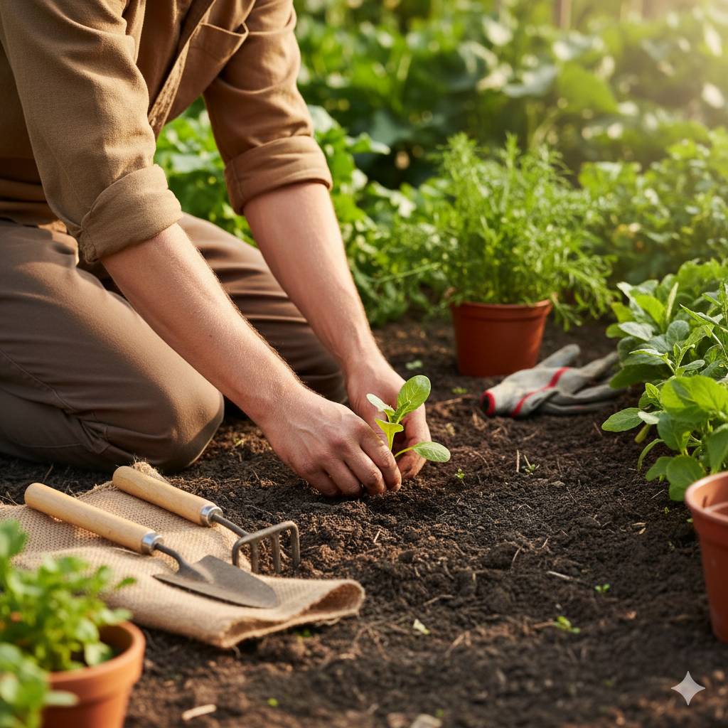 Het planten van jonge groenteplantjes in de tuin