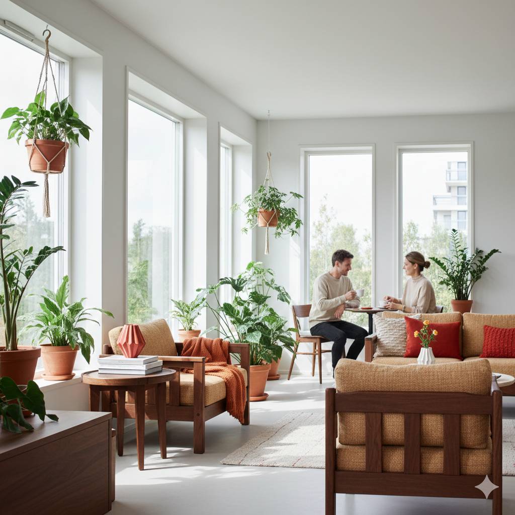 Lichte woonkamer met veel kamerplanten en zitmeubilair