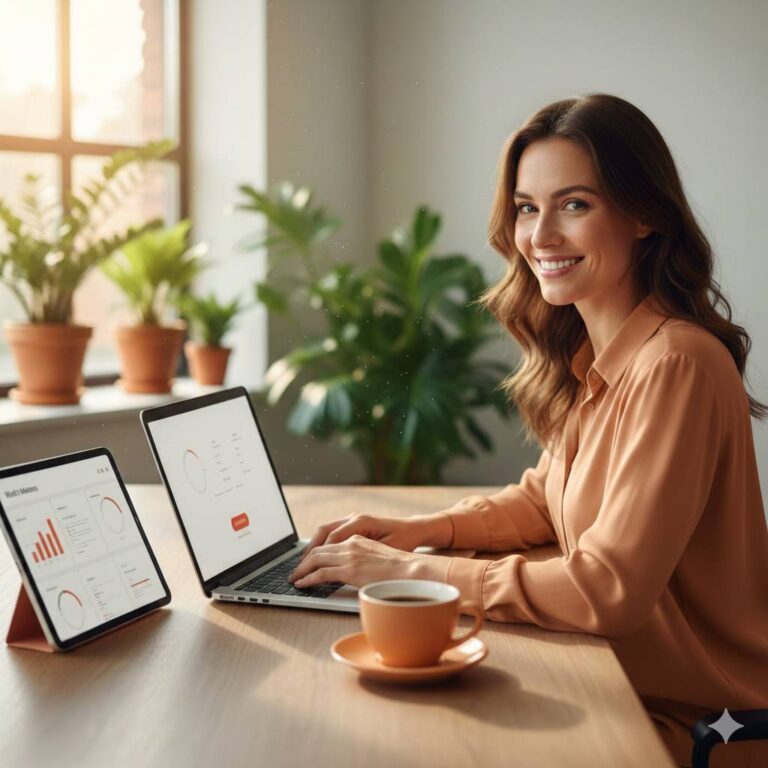 Persoon werkt aan een laptop aan een bureau met planten