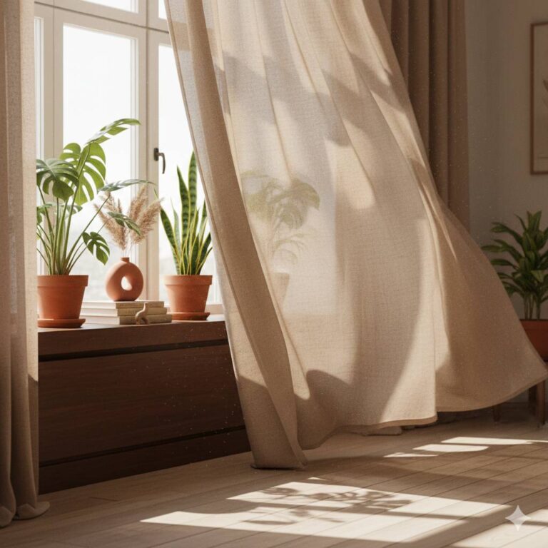 Zonlicht valt door een raam met gordijnen en kamerplanten