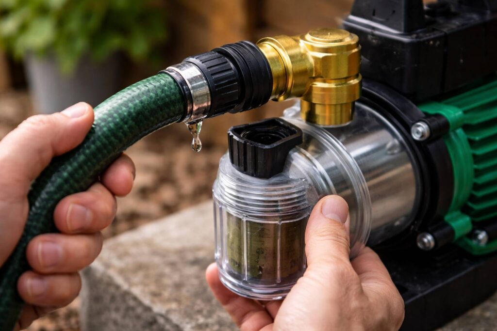 De aansluiting van de tuinslang controleren