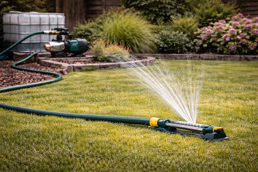 De tuin water geven op een zonnige dag