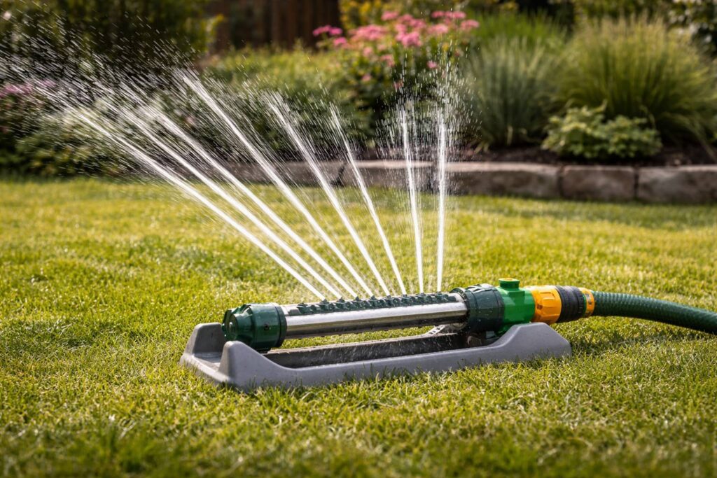 Een zwenkende sproeier op een zonnig gazon