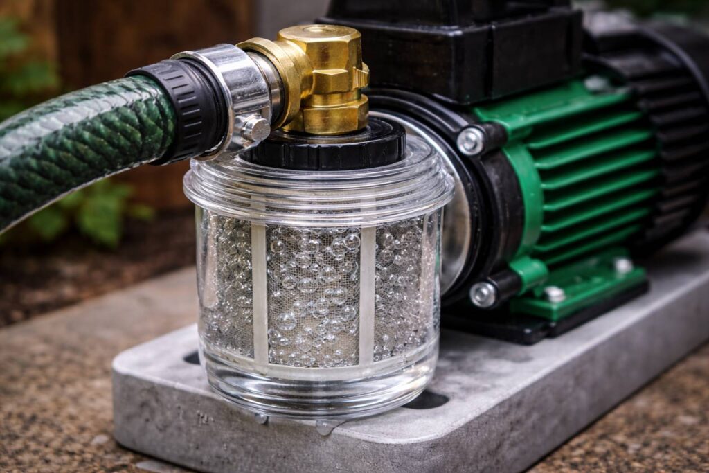 Gedetailleerde weergave van het filter van de tuinpomp.