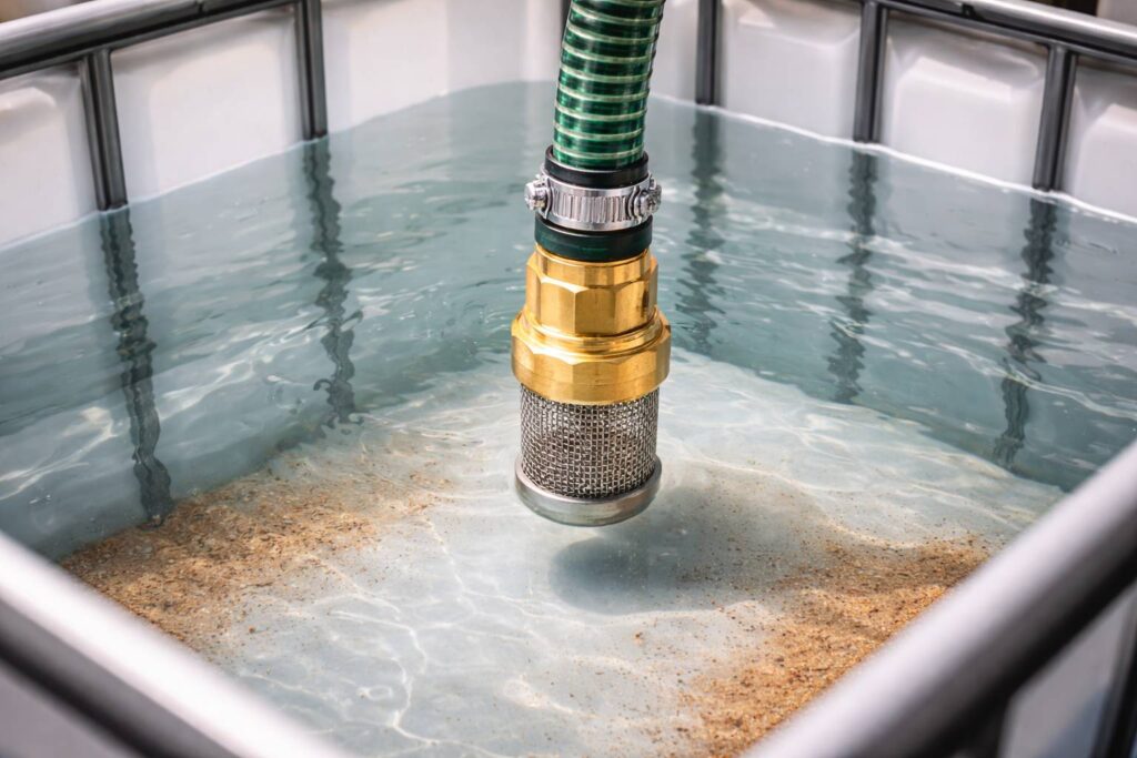 Helder water in een IBC-container met messing afsluiter