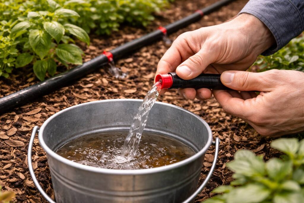 Het doorspoelen van de druppelirrigatieslang