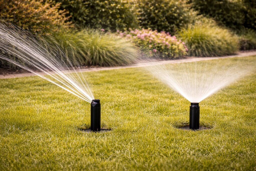 Het gazon besproeien op een zonnige dag