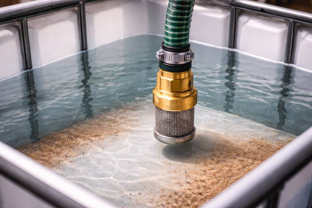 Met water gevulde IBC met zuigslang en ventiel