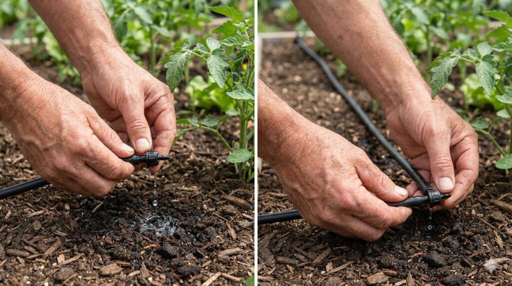 Tuinman onderhoudt druppelirrigatiesysteem