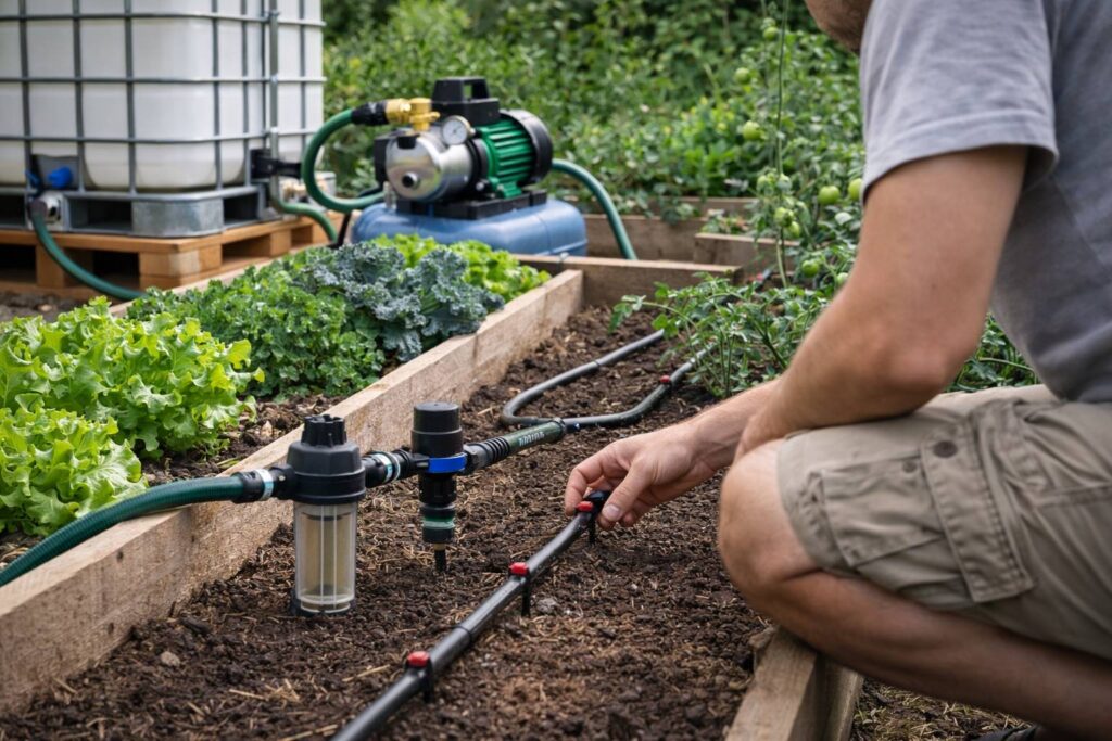 Tuinman past druppelirrigatiesysteem aan