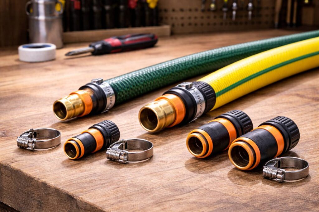 Tuinslangen en koppelingen op de werkbank