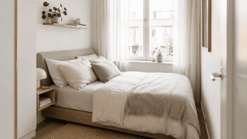 Bed kleine slaapkamer met slimme ruimtebesparing