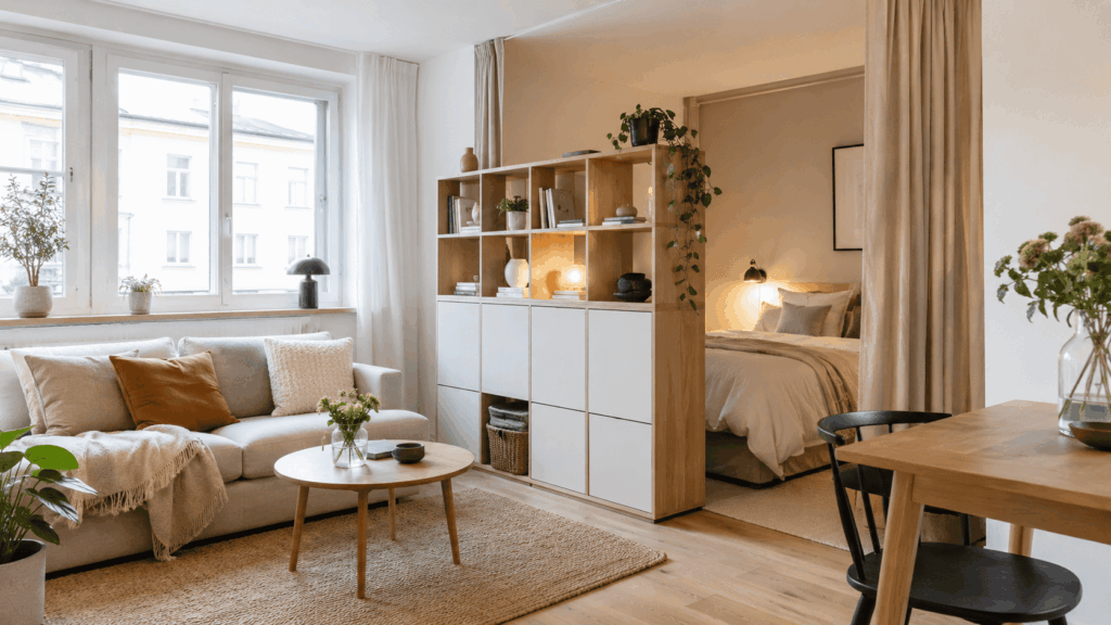 Bed verbergen eenkamerappartement met slimme oplossingen