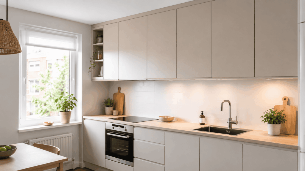 Bovenkasten kleine keuken met slimme opbergideeën