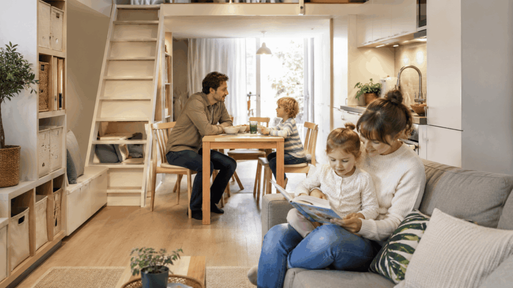 Klein wonen met gezin met slimme ruimte-oplossingen