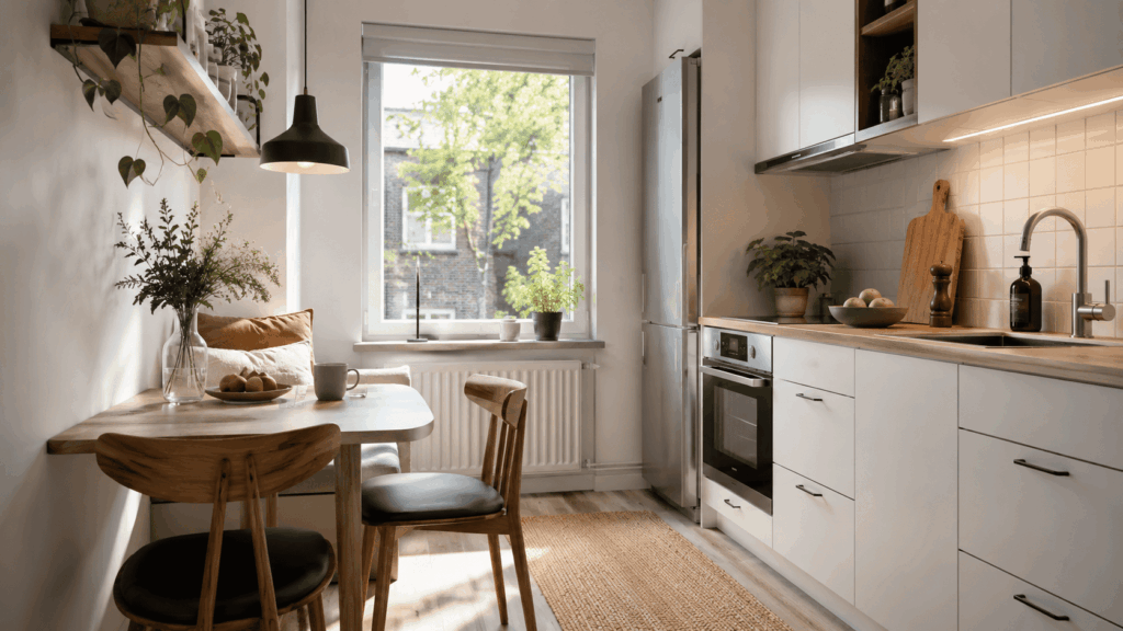 Kleine keuken met eethoek met slimme ruimtebesparing