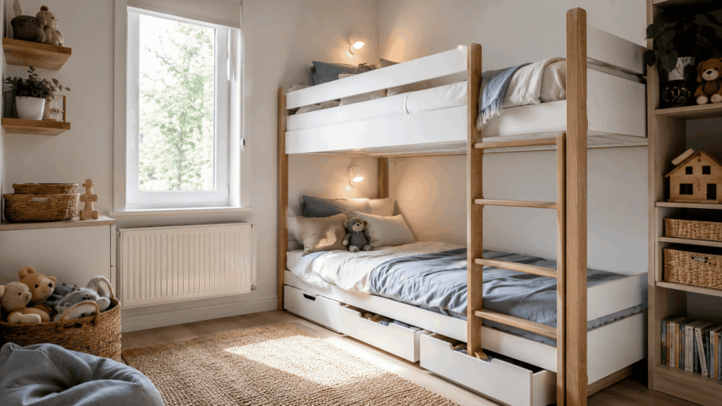 Stapelbed kleine kinderkamer met slimme ruimtebesparing