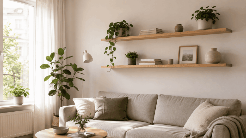 Wandplanken kleine woonkamer met slimme opbergideeën